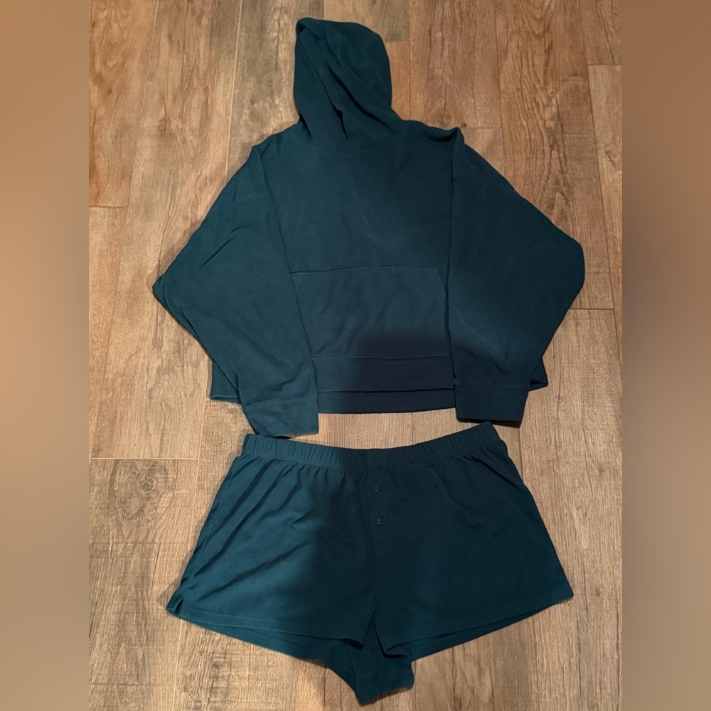 Victoria’s Secret PINK polar fleece hoodie shorts pj set - ivy green crest XXL - Picture 3 of 12